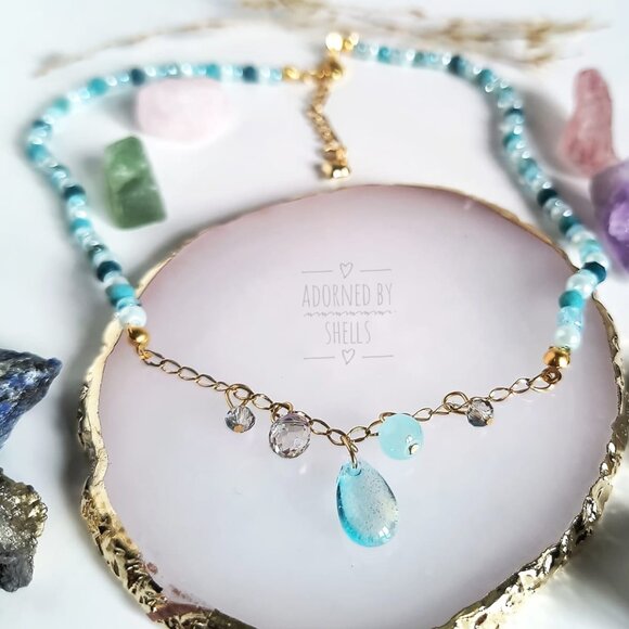 Beaded Chain Necklace Aqua Blue Crystals & Charms, Stainless Steel Heart Jewelry - Picture 3 of 9